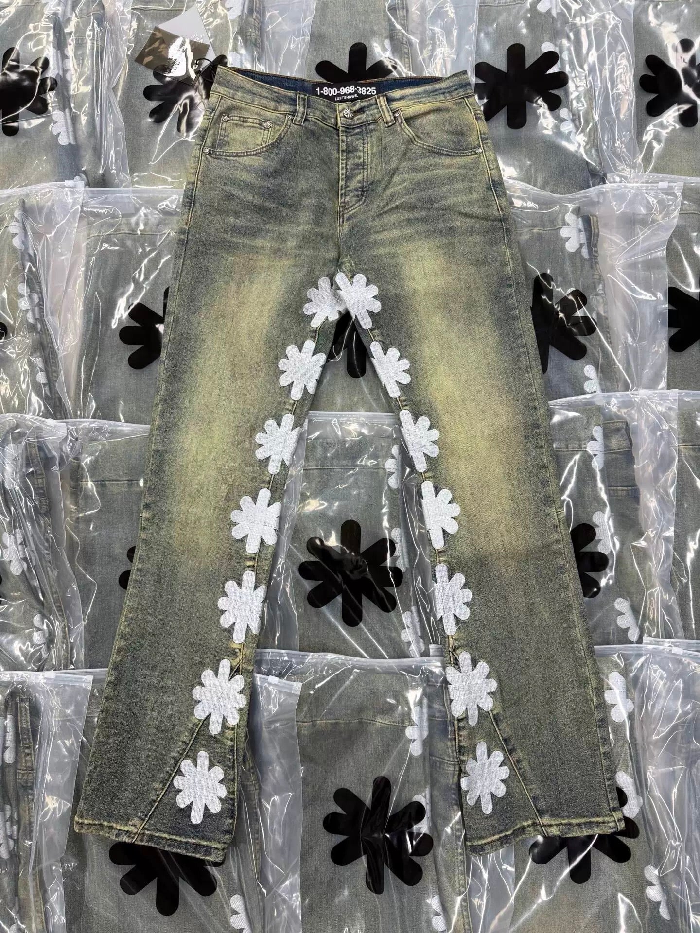 S Flower Stacked Flared Jeans